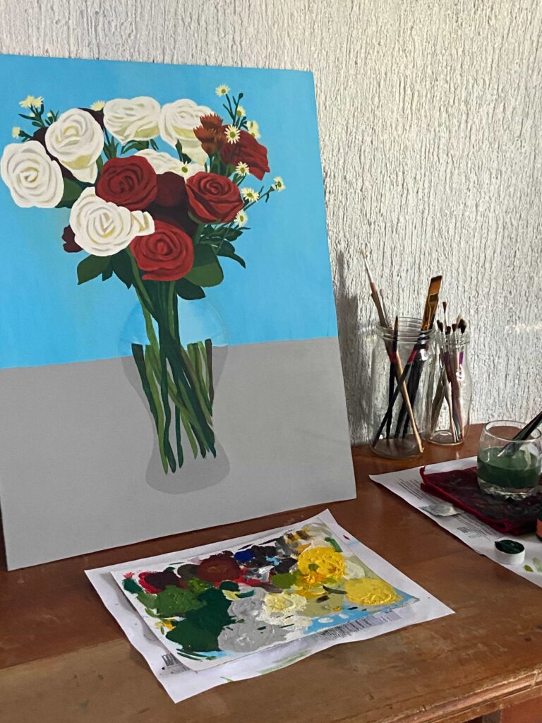 bodegon al óleo jaron flores
